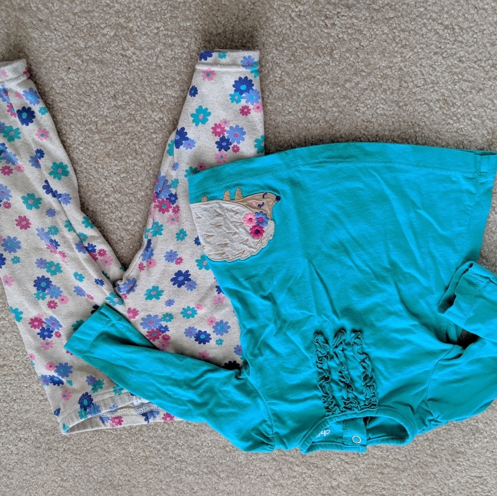 Blue long sleeve top with printed pants